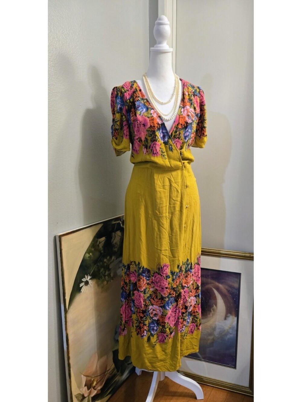 Free People Yellow Floral Midi Dress Size Small Boho V-Neck Button Front Rayon - Picture 4 of 10